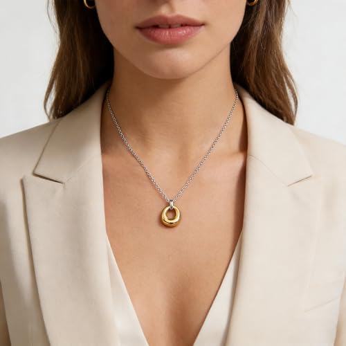 Dainty Oval Pendant Necklace for Women 18K Gold Plated Small Irregular Circle Charm Cute Boho Necklace Statement Chains Minimalist Jewelry - color: B-Gold & Silver