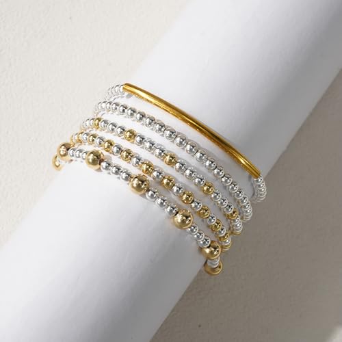 14K Gold Plated Beaded Bracelets Stack Set for Women,Stretch Boho Colorful Beads Ball Jewelry Friendship Summer Trendy - color: Gold silver