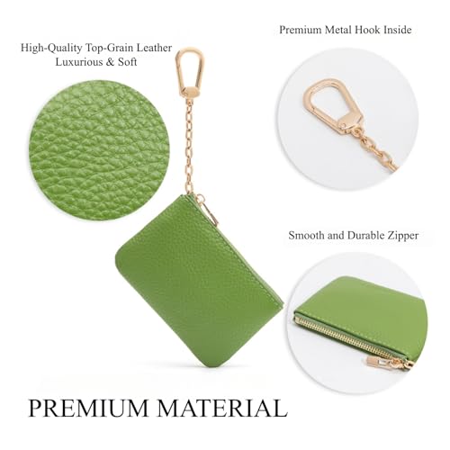 Full Grain Leather Coin Purse with Key Chain - Small Change Purse Keychain Card Holder Keychain Pouch Small Keychain Wallet for Women and Men (Grass Green) - color: Grass Green, Regular Size
