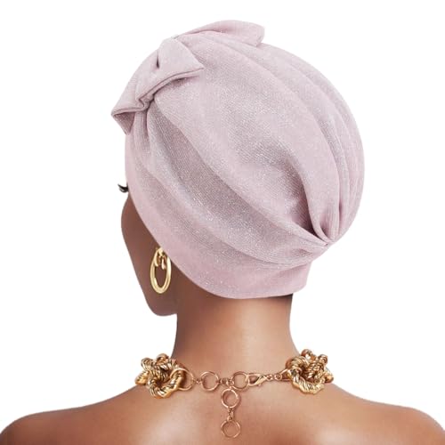 Erinaco Women Sparkle Sequin African Turban Bow Knot Pre-Tied Cap Pleated Ruffle Bonnet Beanie Hat Headwrap Skull Caps - color: Glitter Pink