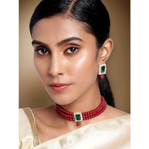 Aheli Ethnic Choker Necklace Earrings Wedding Bollywood Party Jewelry Set Gift for Women - color: Maroon Green
