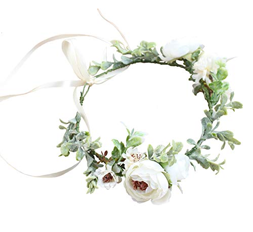 Vivivalue Boho Flower Crown Flower Garland Headband Hair Wreath Floral Headpiece Halo with Ribbon Wedding Party Photos Festival White - color: 50