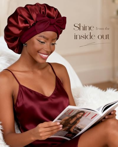 YANIBEST Adjustable Satin Bonnet for Sleeping Women Double Layer Hair Wrap Reduce Friction Prevent Frizz Natural Curly Hair - color: Burgundy