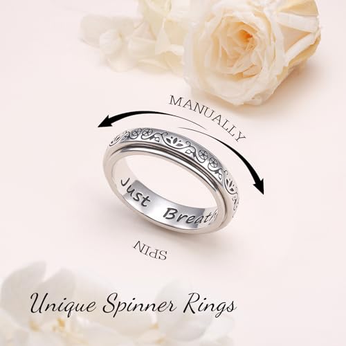 Ladytree Spinner Fidget Ring Sterling Silver Thumb Band for Women Anxiety Ring Platinum Plated Worry Stress Relief Just Breathe Boredom ADHD Autism Rings Boho Jewelry Gift - color: P-lotus just breathe