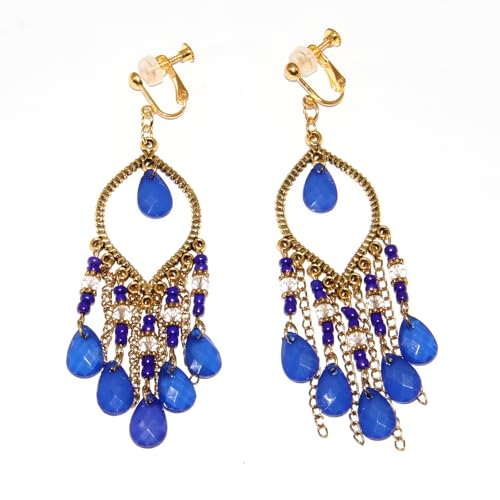Clip on Tassel Dangle Earrings for Boho Women, Non Pierced, Colorful Feather Handmade Beads Fashion Vintage Fringe Jewelry for Parties Weddings Festivals Trendy Statement Earrings for Bohemian - color: Blue B