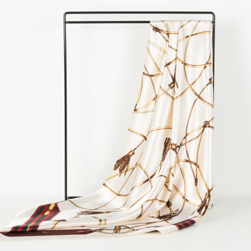 RIIQIICHY Head Scarf for Women Like Silk Scarf Hair Scarf Printed Square Scarf Bandanas for Women 35 Inches - color: Ivory/Gold/Red/Green