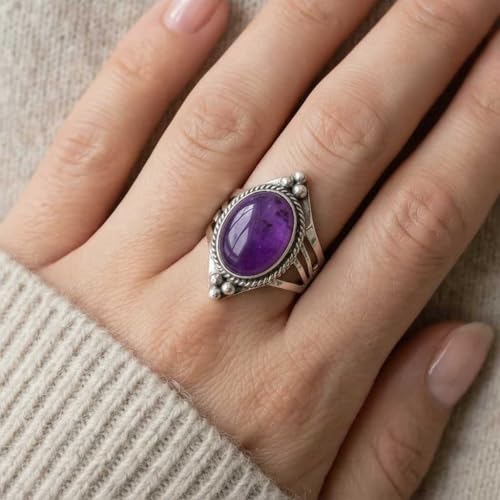 Handmade 925 Sterling Silver Plated Ring Natural Gemstone Carnelian, Rose Quartz, Tiger Eye, Crystal Oval Boho Jewelry For Women - color: Amethyst