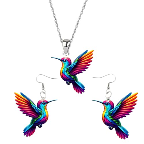 Hummingbird Necklace Earrings Set for Women Cute Colorful 2D Bird Pendant Necklace Acrylic Hypoallergenic Dangle Earrings Trendy Jewelry for Bird Lovers - color: Colorful 2