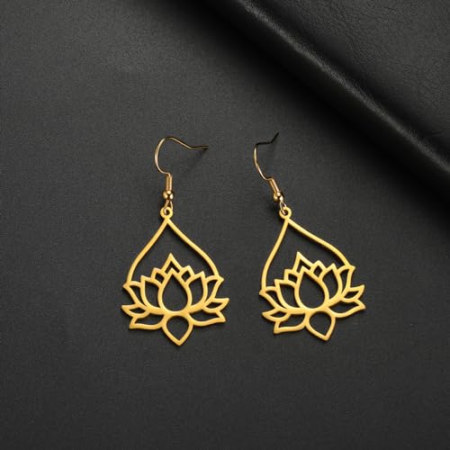 TEAMER Stainless Steel Lotus Flower Dangle Earrings Bohemian Drop Earring Unique Geometric Jewelry for Women - color: Lotus 7-Gold