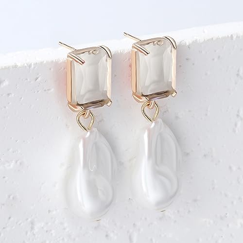 Fashion Pearl Drop Earrings for Women With Crystal - Rhinestone Statement Earrings with Pearl Dangling Studs - Large White Baroque Pearl Earrings for Bridesmaid Wedding Party Birthday Holiday - color: Clear