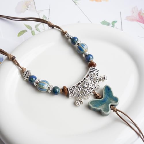 Boho Colorful Ceramic Bead Necklace for Women, Butterfly Pendant Necklace, Handmade Bohemian Statement Jewelry Gifts for Mom - color: Blue