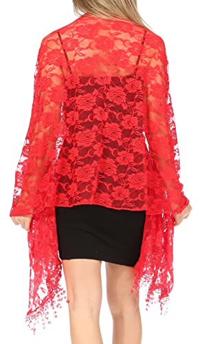 Sakkas Mari Women's Large Lightweight Soft Lace Scarf Wrap Shawl Floral and Fringe - color: Rosered