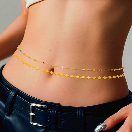 Waist Chain Silver Star Belly Chains Gold Beads Women Crystal Sequins Body Jewelry for Pants and Swimsuits - style: gold-sequin