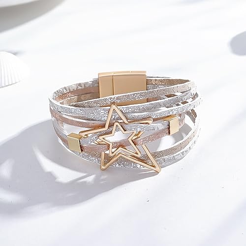 Long tiantian Leather Bracelets for Women Men Heart Wrap Bracelets Western Jewelry Cowgirl Outfits Birthday Gifts for Her - color: B8：pink leather bracelet
