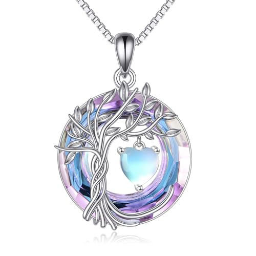 POPLYKE Mothers Day Gifts for Mom Her Wife Tree of Life Necklace 925 Sterling Silver Birthstone Pendant with Crystal Anniversary Birthday Wedding Jewelry for Women - color: 06-Jun-Moonstone, style: White Gold Plated-Amethyst Crystal