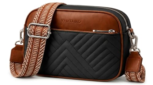 Vantamo Premium Quilted Crossbody Bags for Women with Anti-Pickpocket Clip, Vegan Leather Handbags, Travel Purses for Women - color: Black & Brown With Jacquard Strap