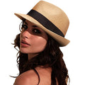 DRESHOW Women Straw Sun Hat Short Brim Panama Travel Fedora Summer Hat Roll Up Beach Cap for Women UPF 50+ - color: Ab Khaki G