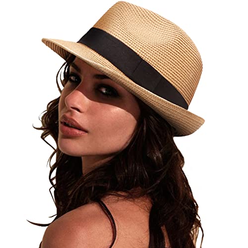 DRESHOW Women Straw Sun Hat Short Brim Panama Travel Fedora Summer Hat Roll Up Beach Cap for Women UPF 50+ - color: Ab Khaki G