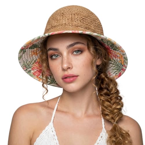 TOP-EX chicpony™ Cooling UPF 50+ Wide Brim Beach Hand Crochet Straw Hat - color: Khaki Light Botanical, size: Medium