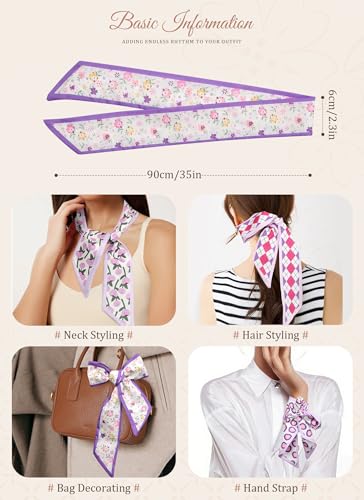 CHLINS 4PCS Satin Head Scarf for Women, Neck Hair Purse Handbag Accessory Fashion Versatile Thin Long Strip Scarf - color: Purple