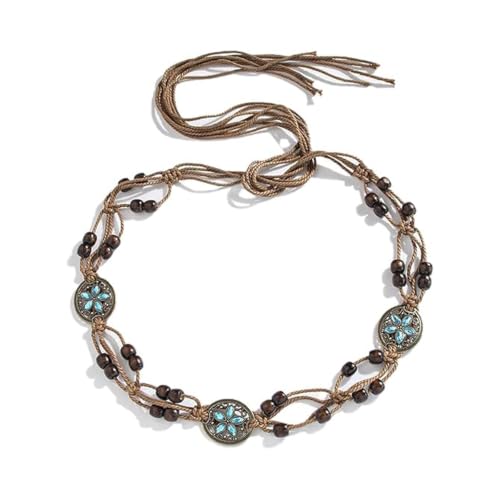 Boho Flower Wooden Bead Waist Belt, Vintage Woven Body Chain, Adjustable Cord Jewelry for Jeans Dress & Beach Wear - color: Brown