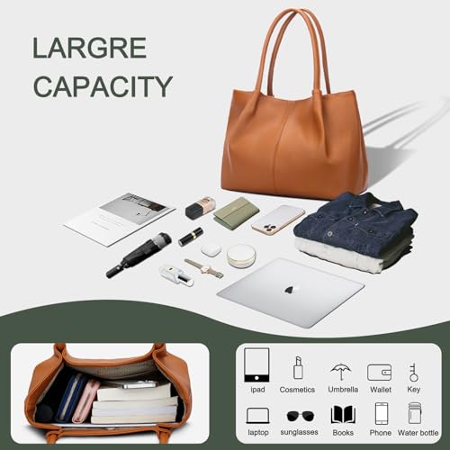 KKXIU Tote Bag for Women Vegan Leather Shoulder Purse Large Capacity Travel Bag - color: Orange Brown
