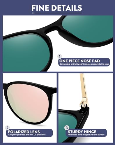 WOWSUN Retro Polarized Sunglasses Womens Trendy Round Classic Glasses - color: 3 Pack: Black+green Lens Leopard Frame+pink Lens Black Frame