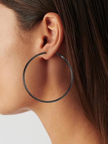 FOCALOOK 14K Gold Plated Lightweight Large Hoops| 2mm Thin Hoop Earrings for Women 30/40/50/70/100mm - color: 01.Black, size: 60mm