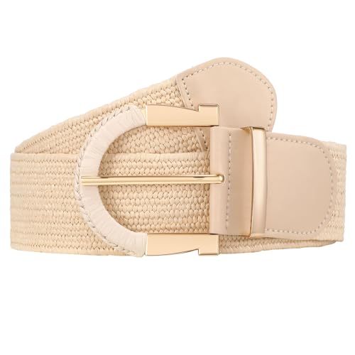 JASGOOD Straw Woven Belt for Women Dresses Boho Elastic Braided Belt Rattan Raffia Belts Ladies Wide Belt,1.97" Width - color: B-beige, size: Fit waist size 30"-35"