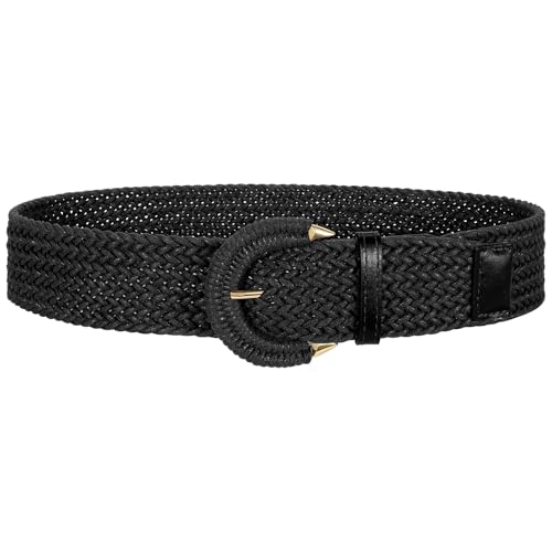 SANSTHS Women Wide Woven Belt for Dresses Fashion Rattan Braided Waist Belt Straw Raffia Boho Belt for Jeans - color: D-black, size: Fits waist size 25"-29"