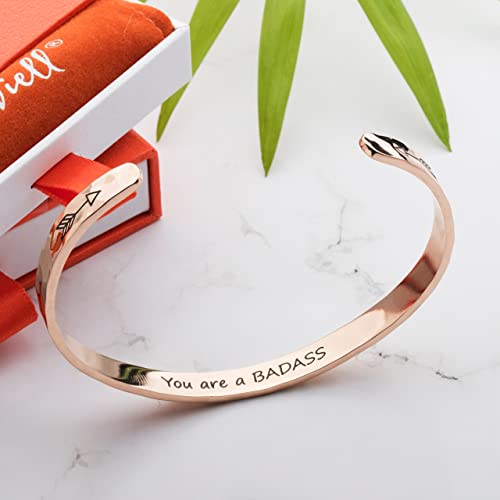 Carviell Bracelet - Gifts for Women – Inspirational, Friendship, Love, Mom, Daughter, Sister, Christian, Graduation, Memorial & Wedding Gifts – 100+ Phrases – Stainless Steel, Gift-Ready - style: BADASS Gift - You are a B*D*SS - ROSE GOLD