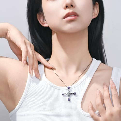 Graduate Necklace Gothic Black Cross for Men Women, Purple Teardrop Cubic Zirconia Pendant, Class of 2026 Graduation Gifts, Vintage Y2K Dark Aesthetic Jewelry