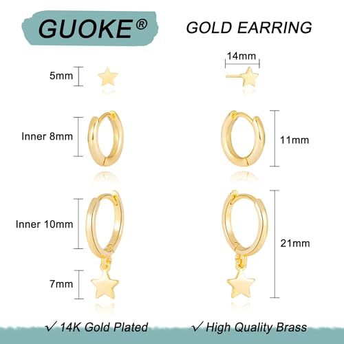 3 Pairs Small Earring Stacks, 14K Gold/Silver/Black/Rose Gold Plated Pearl Heart Butterfly Star Diamond Charm Drop Huggie Earrings Trendy Jewelry Gift for Women - color: Gold-Star