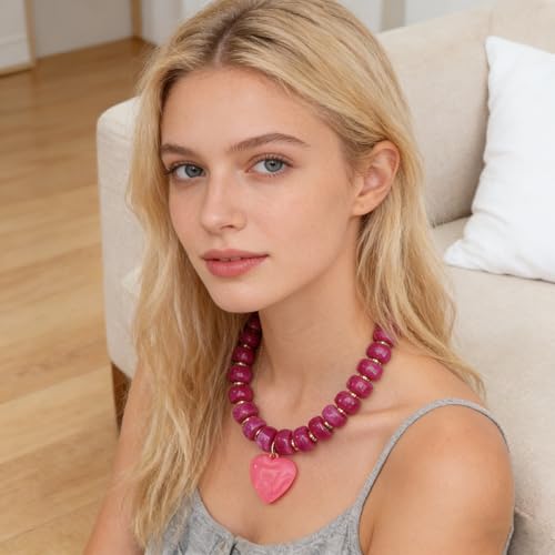 Chunky Colorful Beaded Statement Boho Summer Beach Chokers Necklace Heart Pendant Pink Green Yellow Brown Fashion Jewelry - color: Gold-Cranberry pink