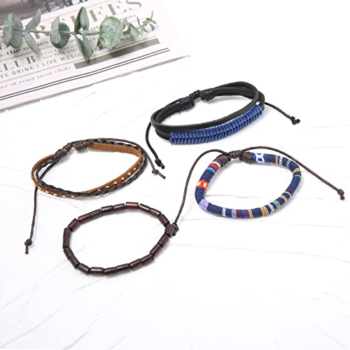 HZMAN Wrap Bracelets Men Women, Hemp Cords Wood Beads Ethnic Tribal Bracelets, Leather Wristbands - style: Dark Blue Hemp Rope