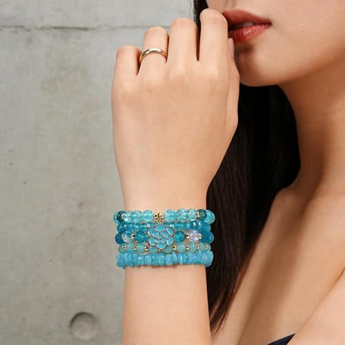 coadipress 5Pcs Bohemian Flower Stackable Bead Bracelets for Women Multilayer Crystal Glass Beaded Charm Bangles Bracelet Boho Summer Beach Hawaii Holiday Statement Jewelry - color: Blue