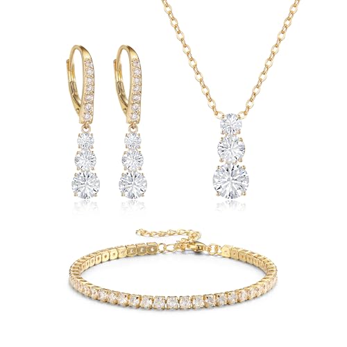 Crysdue Cubic Zirconia Jewelry Set for Women Bridesmaid, Classic Round Cut Drop Lightweight Lever Back Earrings Pendant Necklace Tennis Bracelet for Wedding Prom Party - style: 3pcs Gold