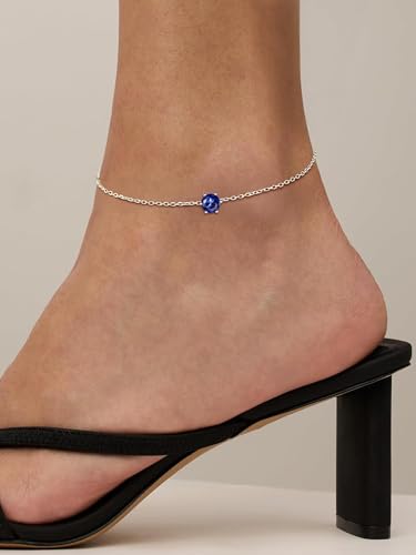 ChicSilver 925 Sterling Silver Anklets for Women, Simple Dainty Round/Heart Birthstone Ankle Bracelet Beach Foot Jewelry, 8.7-10.7 Inch Adjustable - color: 09. Round - September(Sapphire)