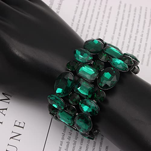 Women’s Wedding Bridal Crystal Leaf Flower Stretch Bangle Elastic Wide Bracelet Jewelry for Brides Bridesmaid - color: Emerald-Jet Plated