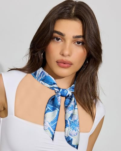 AWAYTR 27.5” Square Satin Head Scarf Hair Scarf for Women's Hair Silk Bandana for Women Silk Head Wrap for Sleeping - color: Flower (Blue)