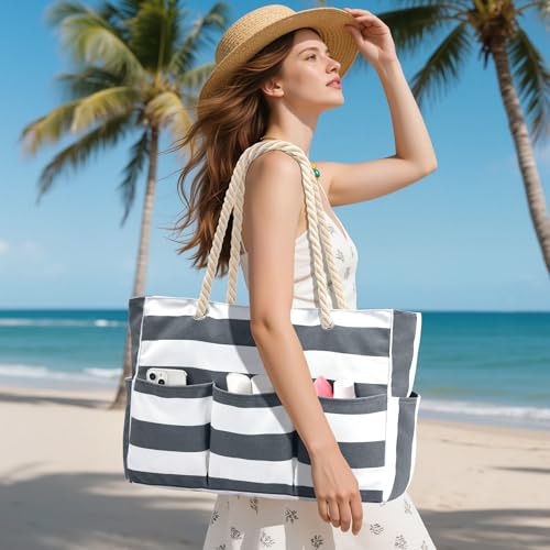 Becokan Beach Bags for Women Canvas Large Beach Tote Bag Zipper Waterproof Sandproof Foldable Swim Pool Bag with 7 Pockets - color: Dark Grey