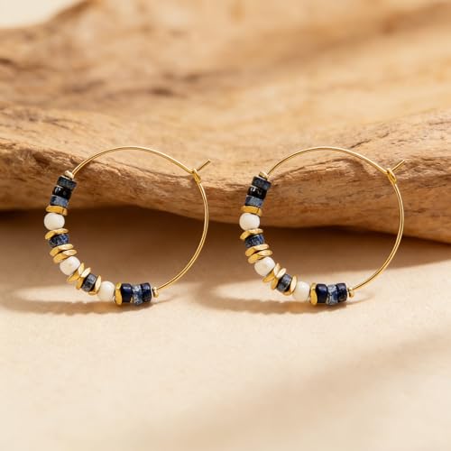 Natural Stone Beaded Hoop Earrings for Women, Boho Handmade Lightweight Hypoallergenic Trendy Summer Beach Accessories Fashion Jewelry Gift - color: Navy Blue
