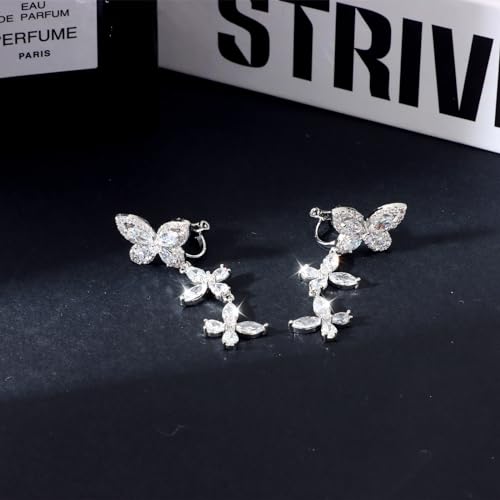 Awinesn Clip on Earrings for Women 925 Sterling Silver Plated Cubic Zirconia Long Tassel Dangle Drop Earrings Non Pierced Earrings for Women Jewelry Gifts Wedding Party - color: butterfly 2
