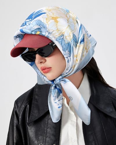 AWAYTR 27.5” Square Satin Head Scarf Hair Scarf for Women's Hair Silk Bandana for Women Silk Head Wrap for Sleeping - color: Flower (Light Blue)