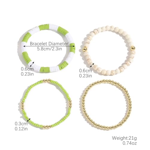 Caiyao Bohemia Multilayer Heart Imitation Pearl Beaded Stackable Bracelets Set Colorful Surfer Heishi Clay Gold Beads Stretch Bracelets for Women Men Summer Beach Boho Vacation Jewelry Gifts - color: Z-green