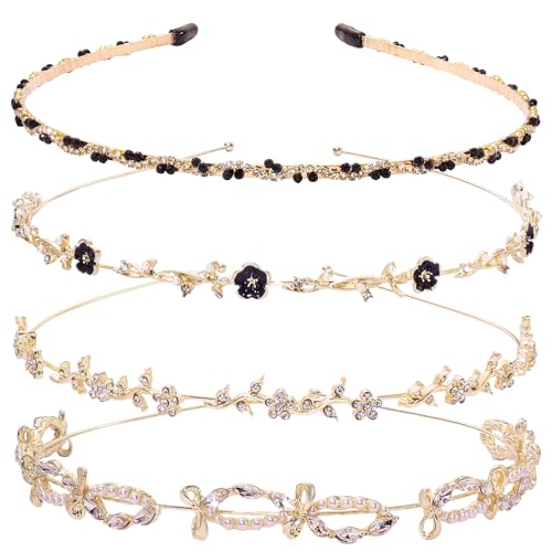 4 Pcs Dainty Gold Headbands for Women, Thin Rhinestone Floral Hairbands, Sparkly Crystal Pearl Bow Hair Hoops, Fairycore Bridal Wedding Hair Accessories, Black & Gold - color: Floralbow