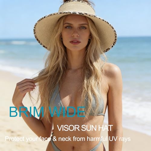 Women's Sun Visor Hats Wide Brim Beach Hat Straw Ponytail Visor Packable Foldable UPF 50+ Floppy Travel Hats - color: Beige02