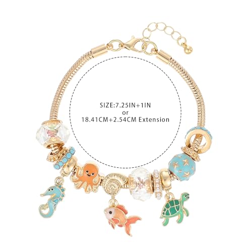 Madison Tyler Beach Bracelet for Women | Seahorse Octopus Tropical Fish Sea Turtle Shell Conch Beaded Charm Bracelet | Cute Gold Plated Adjustable Snake Chain Bracelet - style: Seahorse Octopus Tropical Fish Sea Turtle Shell
