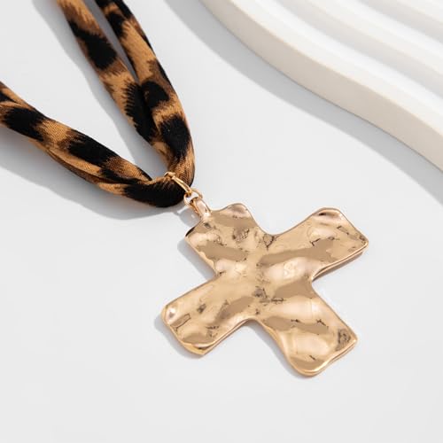 Scarf Necklace with Charm Gold Starfish Chunky Cross Heart Flower Pendants Bandana Charm Necklace Western Scarf for Women Boho Cowgirl Country Cowboy Accessories Beach Vacation Vacation Outfits Jewelry - color: A2-Scarf Necklace With Cross Charm
