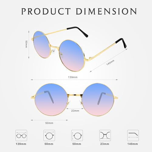 NACHLYNN Round Hippie Sunglasses Metal Border Circle Hippie Glasses UV380 Protection 70s Sunglasses for Men Women Party Favor - color: Blue Pink